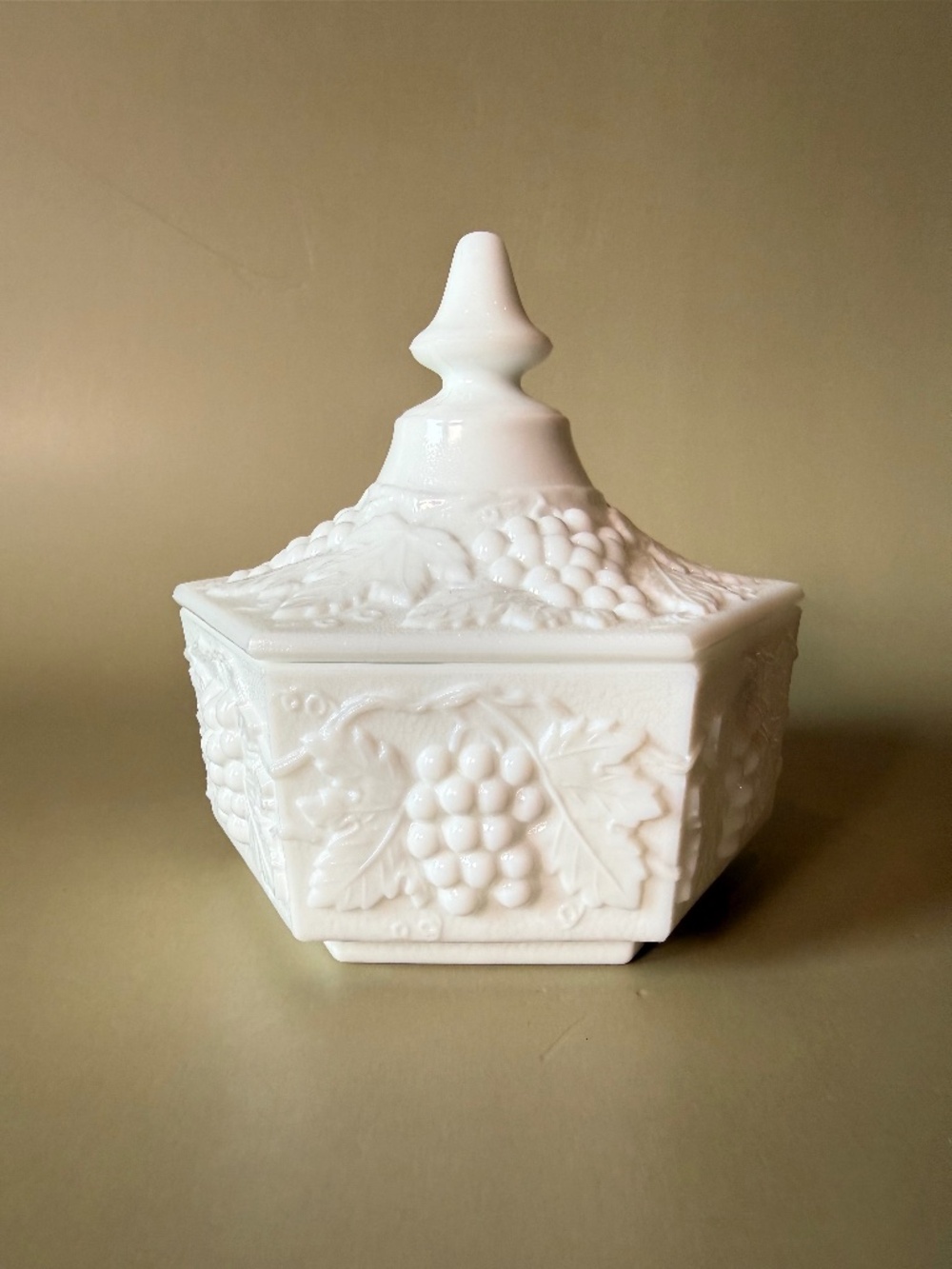Imperial Glass Milk Glass Paneled Grape Lidded Candy Dish | Grapes & Leaves